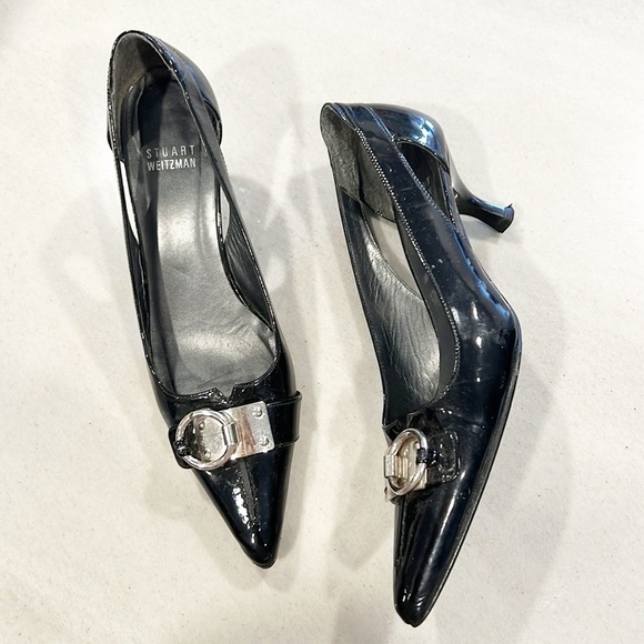 Stuart Weitzman Tabetha Patent Leather Kitten Heels Black Buckle Pointed Toe 7 - Picture 13 of 13